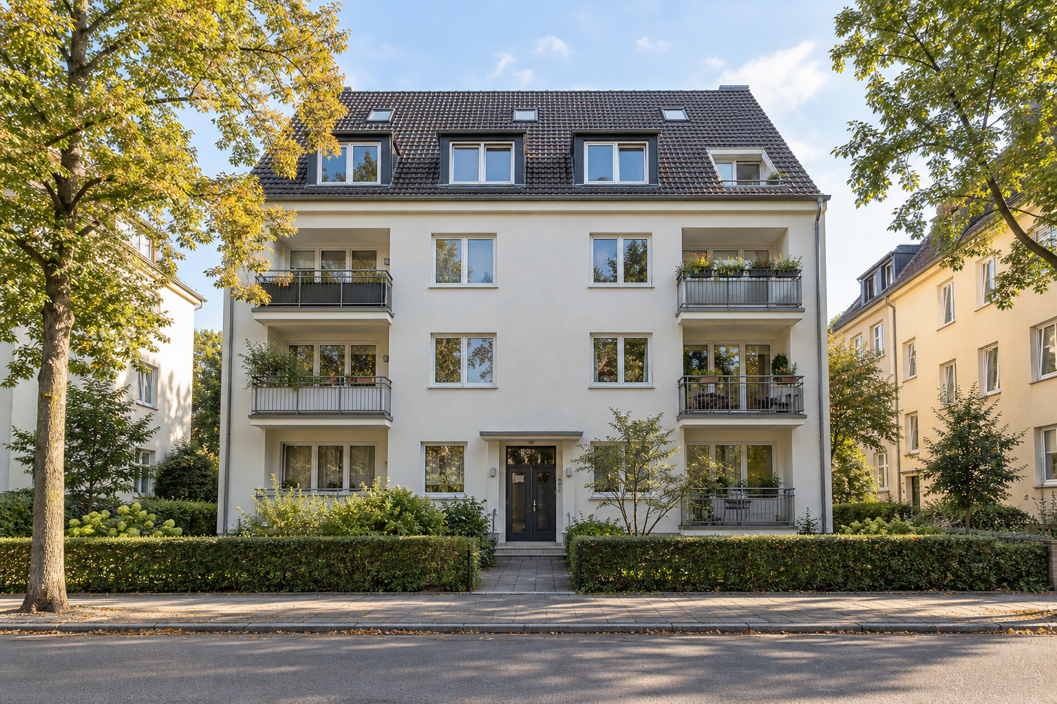 Vollständig sichtbares Mehrfamilienhaus mit Balkonen und Eingang zwischen Bäumen